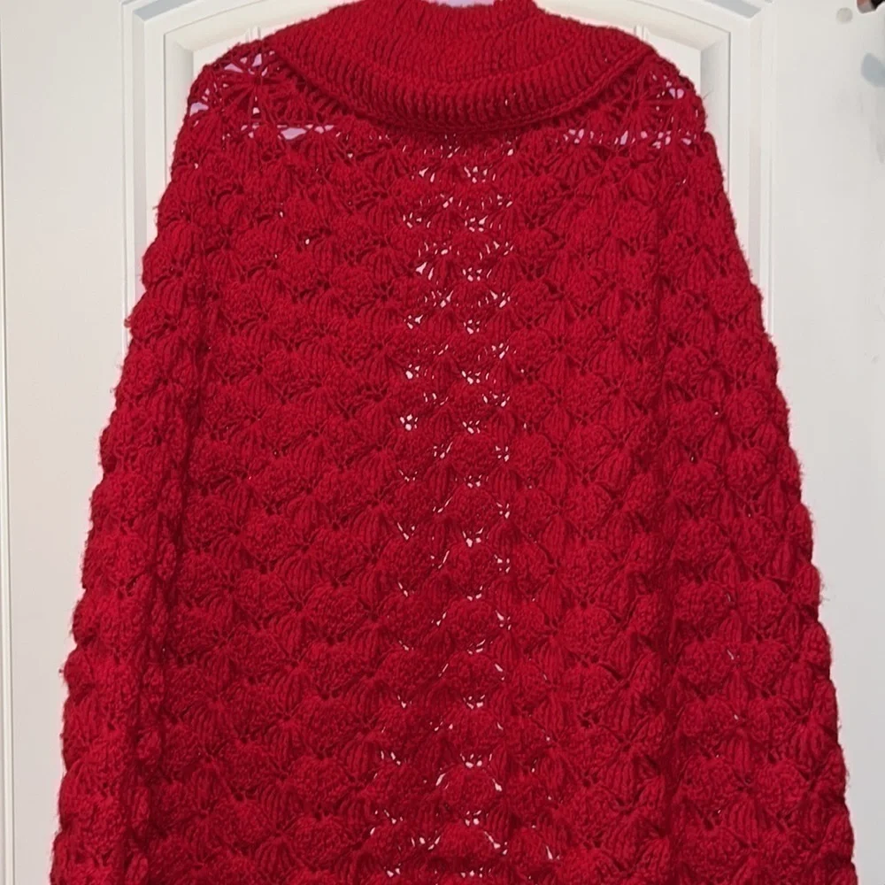 Red chunky crochet handknit open cape poncho boho hippie one size fits most